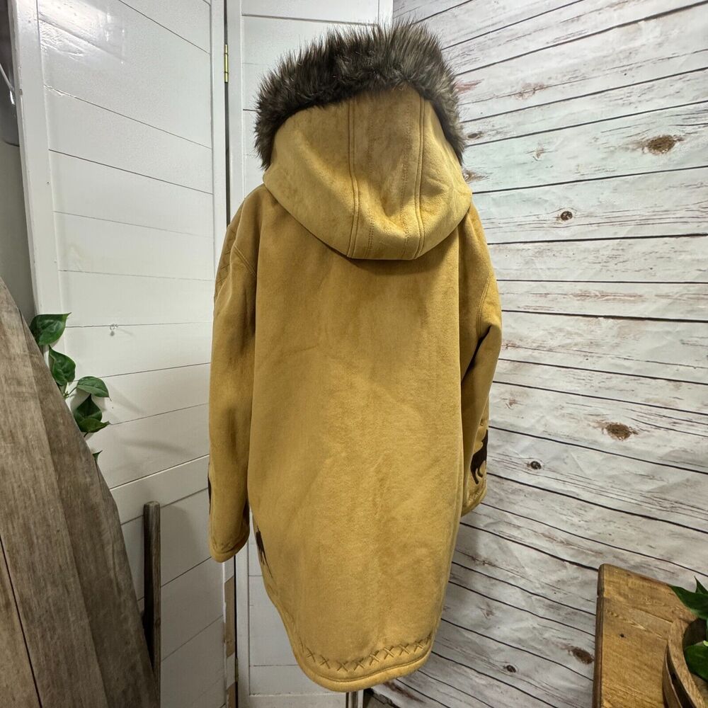 Coldwater Creek Wolf Coat Jacket Tan Faux Suede Lined Full Zip Fur Hooded Medium - Picture 8 of 14